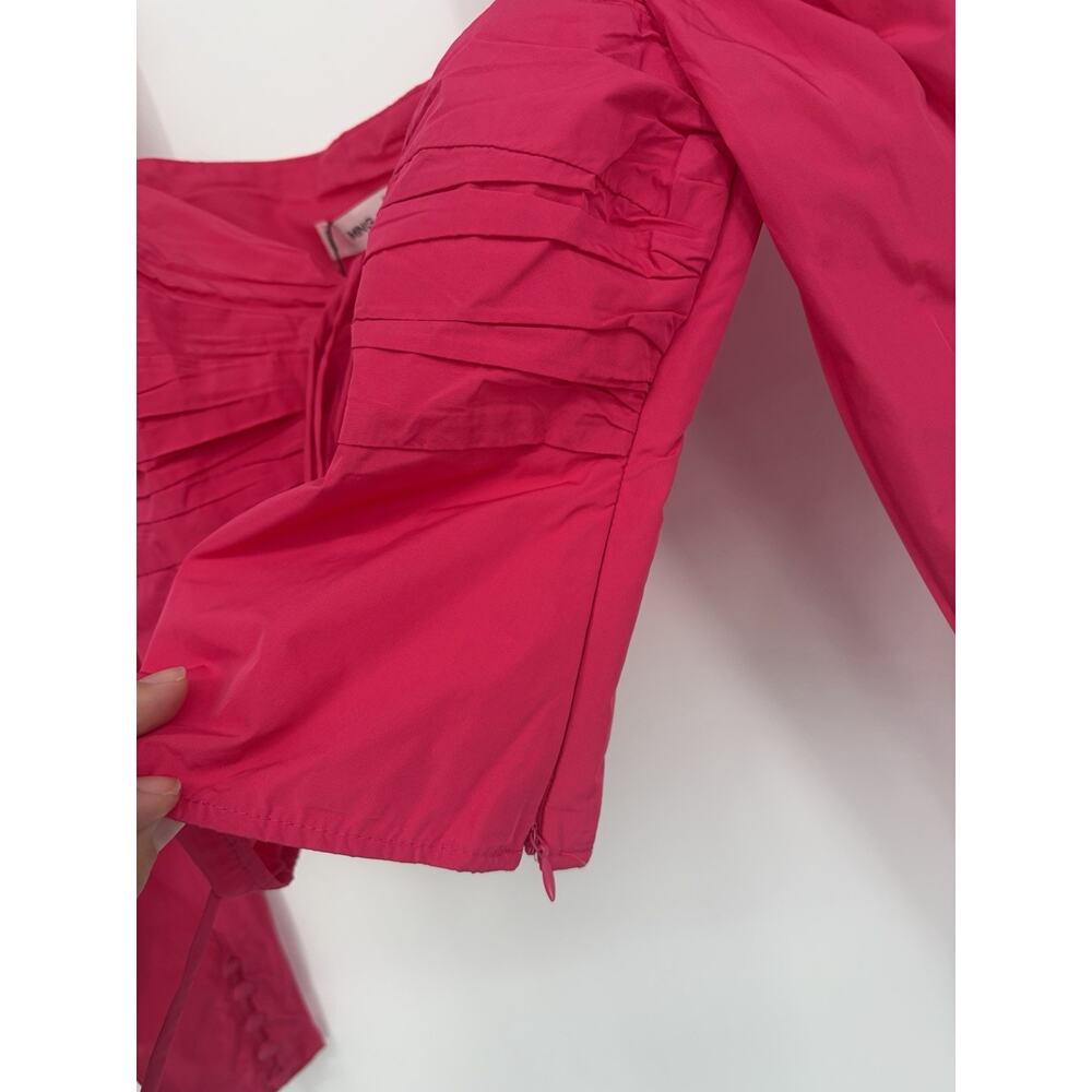 MANGO Hot Pink Ruched Crop Top Small NWT Fitted Y2K Chic Puff Sleeve Barbiecore - Picture 7 of 16